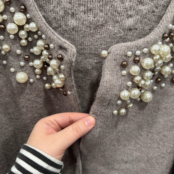 Anthropologie Moth Cardigan Sweater Pearl Neck Taupe Grey Alpaca Wool Large - Picture 6 of 11